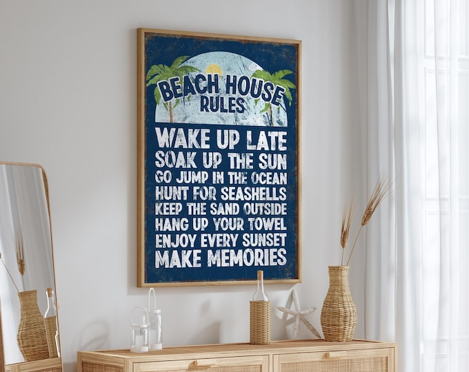 Vintage BEACH HOUSE RULES Poster with Palm Trees, Nautical Beach House Decor, Navy and White Beach Decor, Beach Gift for Tiki Bar, Beach Art