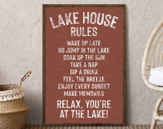 Vintage LAKE HOUSE RULES Sign in Clay Brown, Coastal Lakehouse Decor, Distressed Lake House Canvas, Vacation Rental Art for Lake House Decor