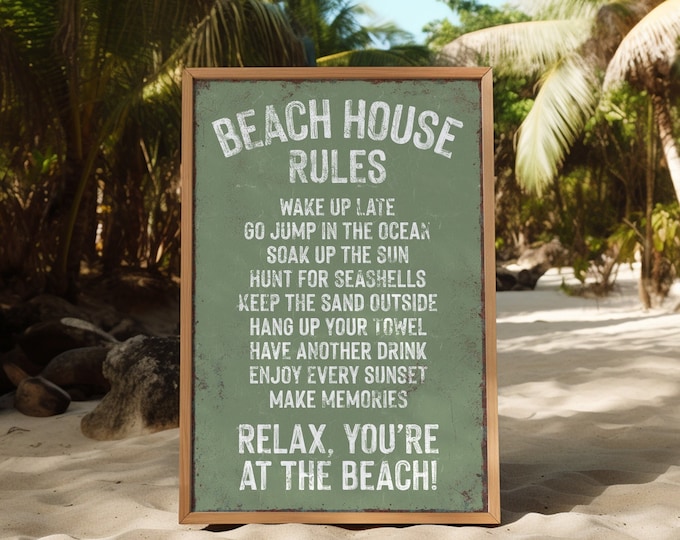 Vintage Beach House Rules Sign in Seagrass, Distressed Texture Beach Rules Sign, The Perfect Beach Gift for Her, Seagrass Beach Decor