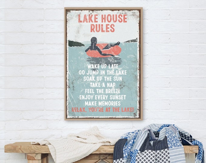 Vintage LAKE HOUSE RULES Sign in Coral Pink, Woman Tubing, Large Lake Wall Print, Retro Tube Poster for Lake House Decor, Canvas or Aluminum