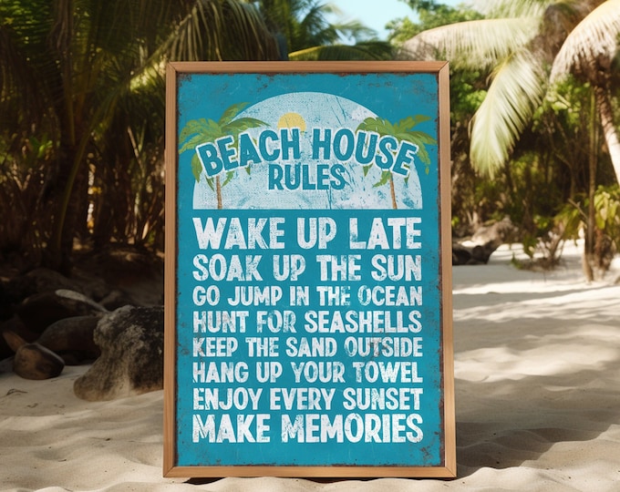 BEACH HOUSE RULES Poster in Duck Blue, Fun Beach Art for Tiki Bar, Canvas Paper or Aluminum Beach Prints, Beach Patio Signs, Beach Gift Idea