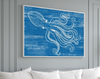 Retro Octopus Wall Art, Gift for Ocean Lover, Octopus Canvas Prints, Indoor Outdoor Octopus Sign, Octopus Statement Piece, White on Ocean 08