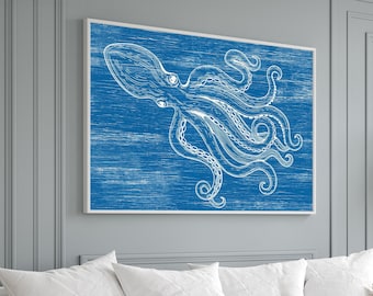 Retro Octopus Wall Art, Gift for Ocean Lover, Octopus Canvas Prints, Indoor Outdoor Octopus Sign, Octopus Statement Piece, White on Ocean 08