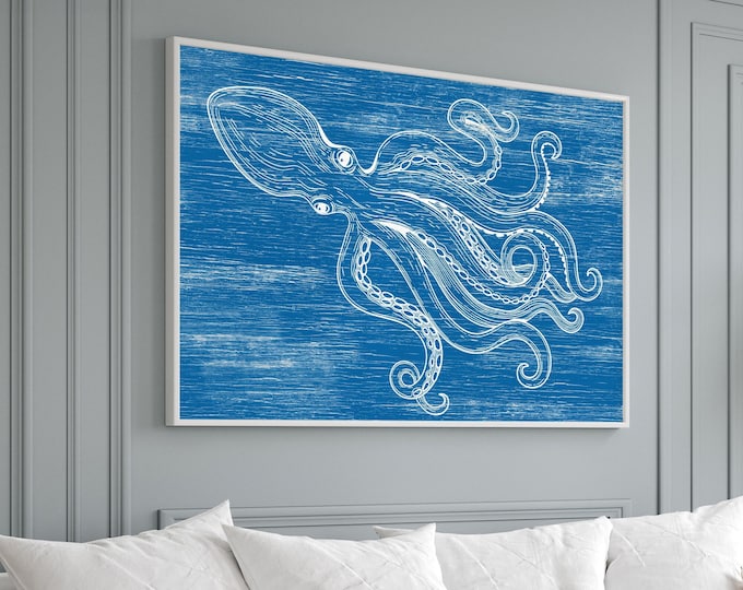 Retro Octopus Wall Art, Gift for Ocean Lover, Octopus Canvas Prints, Indoor Outdoor Octopus Sign, Octopus Statement Piece, White on Ocean 08