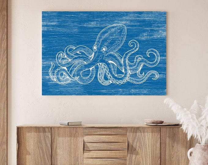 Vintage Octopus Wall Art, Gift for Octopus Lover, Coastal Wall Decor, Octopus Canvas Prints, Luxury Ocean Art, White on Ocean Blue 07