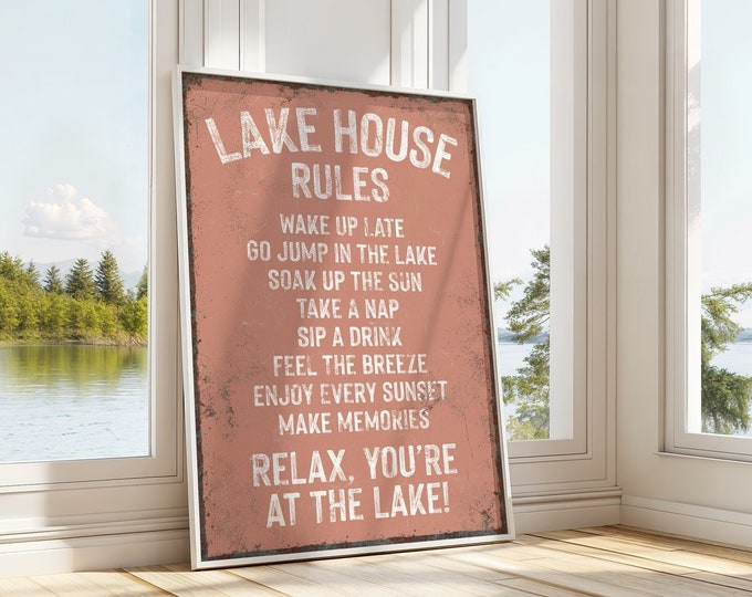 LAKE HOUSE RULES sign in coral pink, coastal lakehouse decor, distressed lake canvas prints, vacation rental decor, cute lake gift for her
