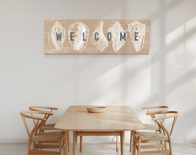 Neutral Beachy Welcome Sign Sign for Entryway or Hallway, Latte Beige and White Seashells Design, Realistic Faux Wood on Lightweight Canvas
