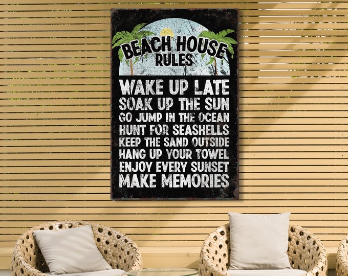 Black and White BEACH HOUSE RULES Sign, Vintage Beach Poster for Tiki Bar, Vacation Rental Beach Decor, Beach Gift for Dad, Fun Beach Signs