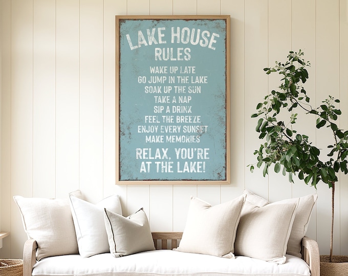 LAKE HOUSE RULES sign in Tide Blue, Coastal Lake House Decor, Fun Lake Canvas Print, Lake Gift for Housewarming, Vacation Rental Lake Decor