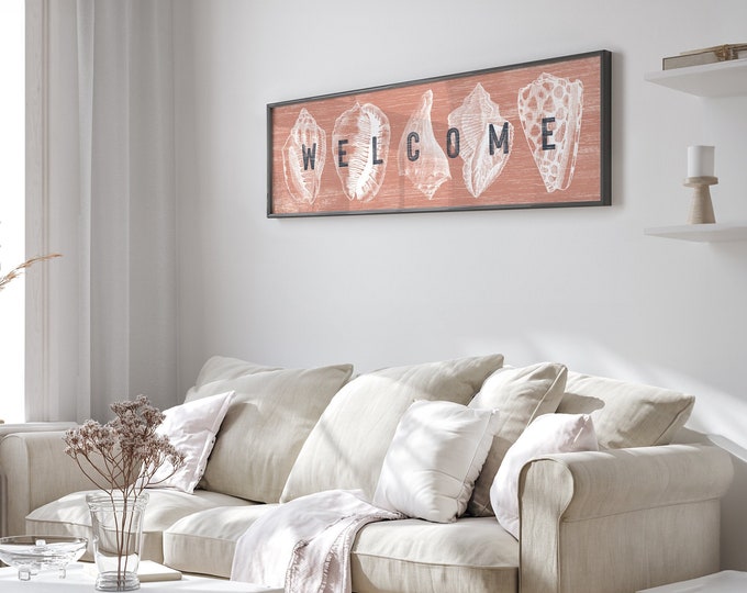 Coral Pink Welcome Sign with White Seashells Design, Realistic Vintage Driftwood Texture, Framed Canvas or Waterproof Aluminum for Outdoors