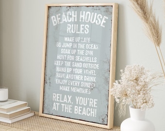 vintage &quot;BEACH HOUSE RULES&quot; sign, smoke gray beach print, coastal beach house decor, distressed beach house gift, vacation rental decor
