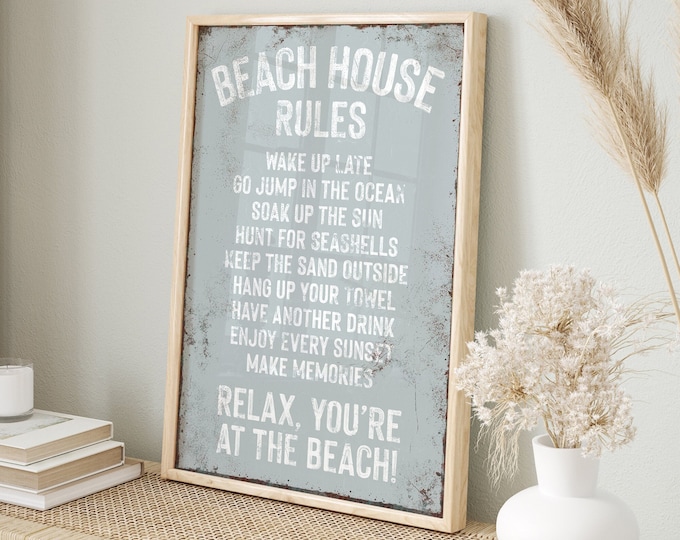 vintage "BEACH HOUSE RULES" sign, smoke gray beach print, coastal beach house decor, distressed beach house gift, vacation rental decor