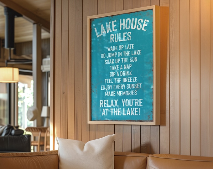 Retro LAKE HOUSE RULES Poster, Distressed Duck Blue Lake Sign, Coastal Lake Cabin Decor, Gift for Lake House Decor, Vacation Rental Lake Art