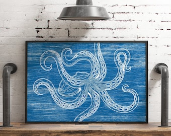 Rustic Octopus Wall Decor, Gift for Ocean Lover, Octopus Canvas Prints, Indoor Outdoor Octopus Sign, Large Octopus Art, White on Ocean 09