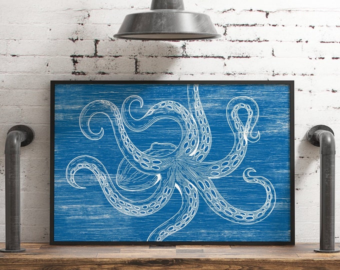 Rustic Octopus Wall Decor, Gift for Ocean Lover, Octopus Canvas Prints, Indoor Outdoor Octopus Sign, Large Octopus Art, White on Ocean 09