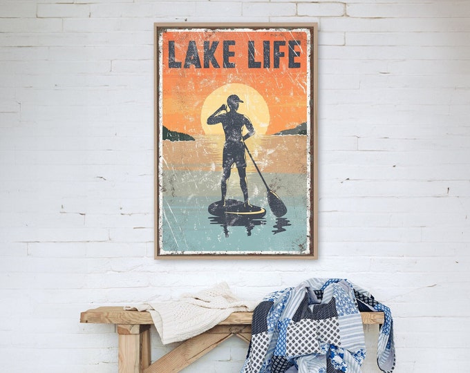 vintage "LAKE LIFE" sign SUNSET > paddleboarding poster for vintage lake house decor, male paddle boarder, modern farmhouse, Canvas Lake Art