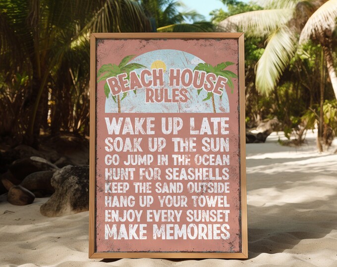 BEACH HOUSE RULES Sign with Palm Trees, Coral Pink Beach Rules Poster, Retro Beach Decor, Pink Beach Gift for Her, Fun Vacation Home Decor