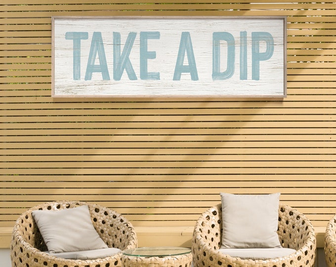 Vintage Tide Blue TAKE A DIP Pool Sign, Skinny Patio Wall Decor in White Faux Distressed Wood, Perfect Gift for Pool Owner