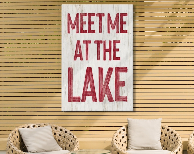 Retro Meet Me at the Lake Sign, Dark Red on White, Vintage Lake Canvas Print for Lake Home Decor, Lake Gift for Housewarming, Red Lake Art
