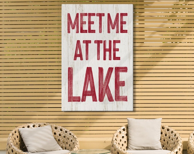 Retro Meet Me at the Lake Sign, Dark Red on White, Vintage Lake Canvas Print for Lake Home Decor, Lake Gift for Housewarming, Red Lake Art