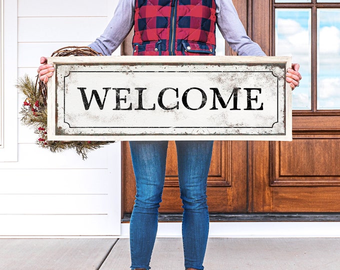 Vintage WELCOME SIGN on Antique White, Distressed Black and White Canvas, Indoor Outdoor Welcome Signs, Farmhouse Gift for Mom, Welcome Art