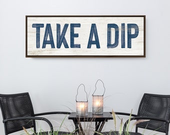 Vintage TAKE A DIP Pool Sign in Nautical Blue on White, Long Skinny Patio Wall Decor, Faux Distressed Wood Wall Art, Gift for Pool Owner