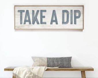 TAKE A DIP Hot Tub Sign, Long Skinny Indoor Outdoor Patio Wall Decor, Faux Distressed Wood Art, Gift for Hot Tub Owner, Harbor on White