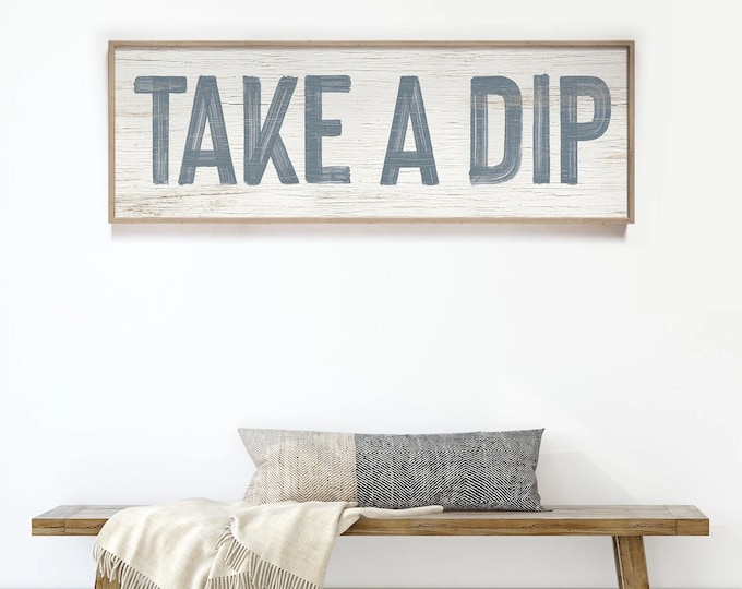 TAKE A DIP Hot Tub Sign, Long Skinny Indoor Outdoor Patio Wall Decor, Faux Distressed Wood Art, Gift for Hot Tub Owner, Harbor on White