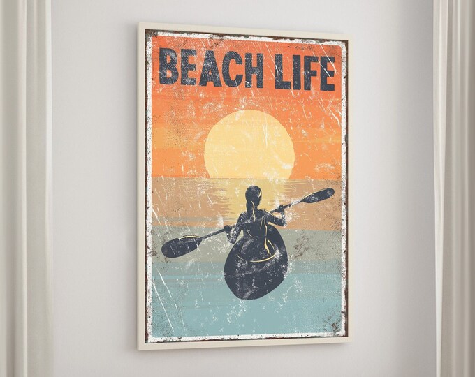 vintage "BEACH LIFE" sign Sunset Accent, KAYAKING poster for vintage lake house decor, female Kayaker, modern farmhouse, Kayak Canvas Art