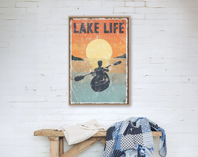 vintage "LAKE LIFE" sign Sunset Accent, KAYAK poster for vintage lake house decor, male kayaker, modern farmhouse, kayaking canvas wall art