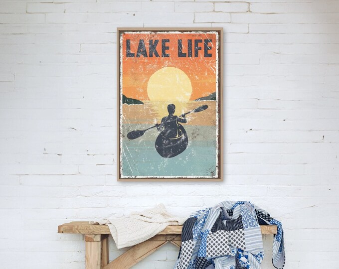 vintage "LAKE LIFE" sign Sunset Accent, KAYAK poster for vintage lake house decor, male kayaker, modern farmhouse, kayaking canvas wall art