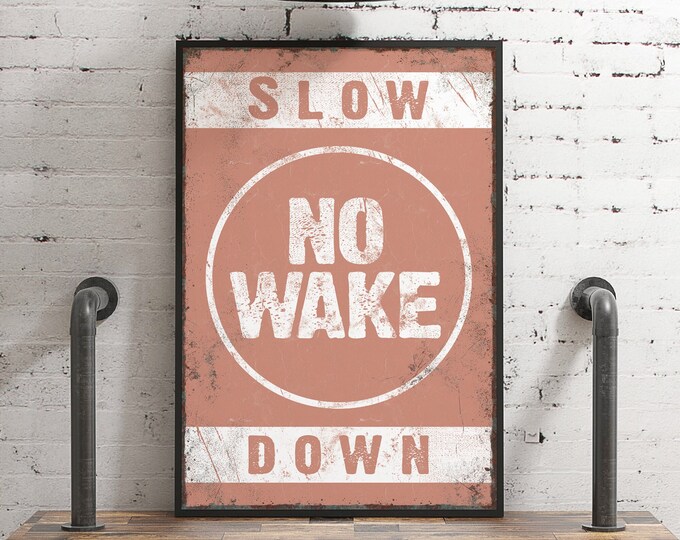 Large Coral NO WAKE Canvas or Aluminum Print for Beach Wall Decor, Vintage Coral Pink "Slow Down" Boating Poster, Beach House Gift for Mom