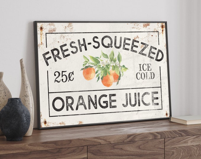 Fresh Squeezed Orange Juice Farmers Market Sign, Large Rustic Farmhouse Prints, Perfect Gift for Mom, Available in Aluminum, Canvas, Paper