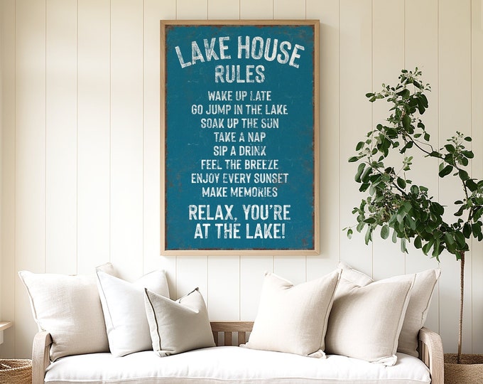 Rustic LAKE HOUSE RULES Poster, London Blue Lake Rules Sign, Coastal Cabin Decor, Lake Gift for Her, Lake House Wall Decor, Lake Canvas Art