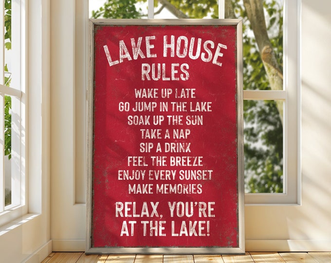Dark Red LAKE HOUSE RULES Canvas Poster, Coastal Wall Art, Vacation Rental Wall Decor, Rustic Lake Wall Hangings, Lake House Rules Sign