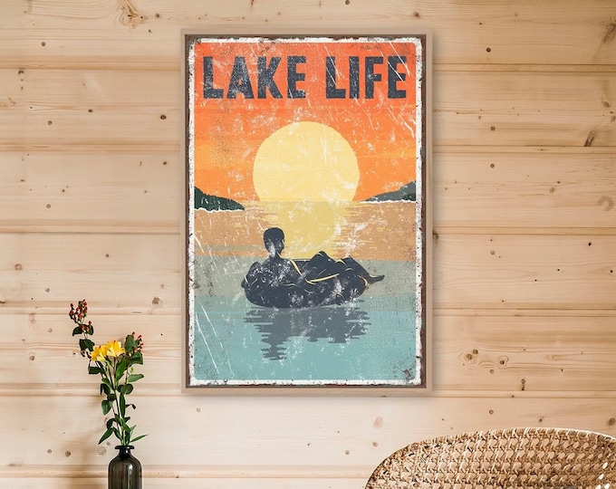 vintage "LAKE LIFE" sign SUNSET > tubing poster for vintage lake house decor, male tuber, modern farmhouse, canvas wall art, aluminum sign