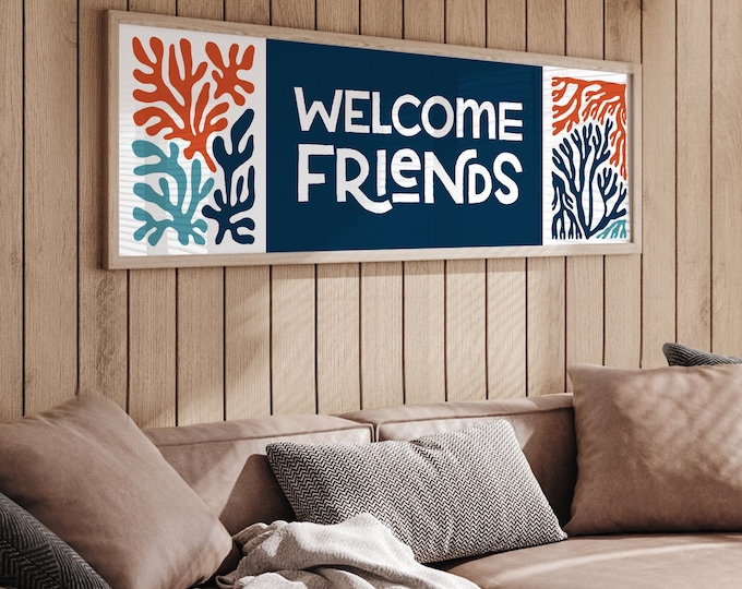 Welcome Friends Signs for Beach House Decor, Ocean Blocks with Coral Reef, Beach Patio Welcome Art, Beach Canvas Prints, Blue & Orange 104d