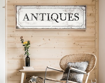 Retro ANTIQUES Sign, Distressed Black on White Canvas, Long Skinny Homestead Wall Art, Modern Farmhouse Decor, Antiques Flea Market Sign