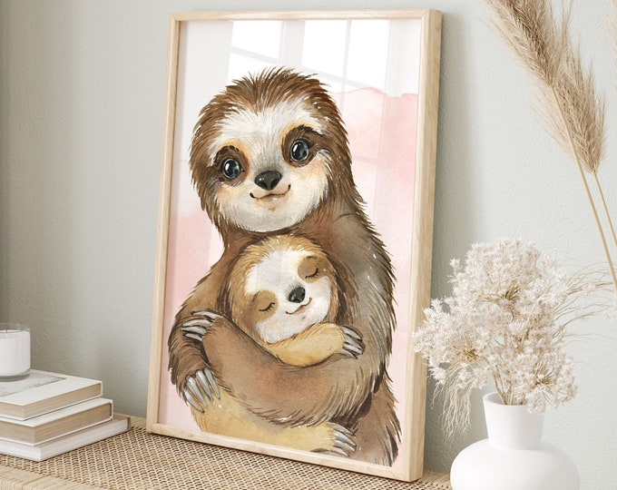 Zoo Animal Nursery Wall Art, Mommy and Baby Sloth Hugging, Mommy and Me Watercolor, Gift for Zoo Nursery Decor, Cute Kids Room Decoration