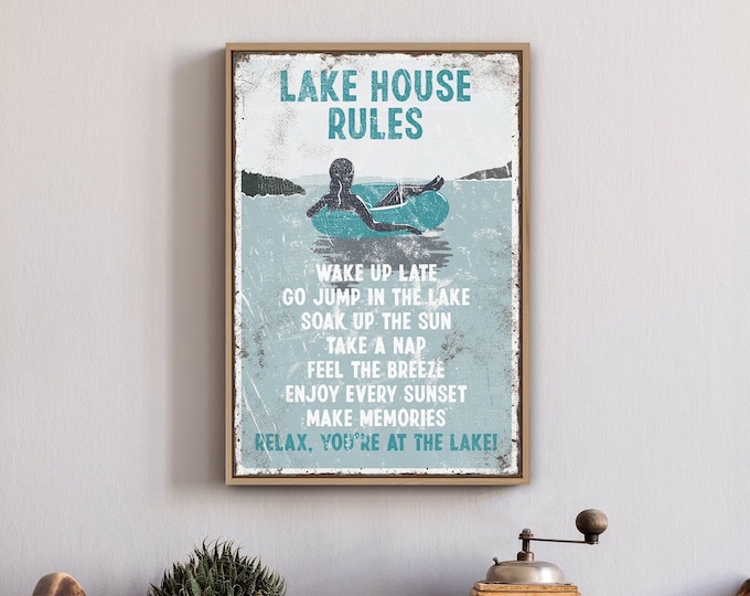 Vintage LAKE HOUSE RULES Sign in Teal with Woman Tubing, Large Lake Wall Print, Retro Tube Poster for Lake House Decor, Canvas or Aluminum