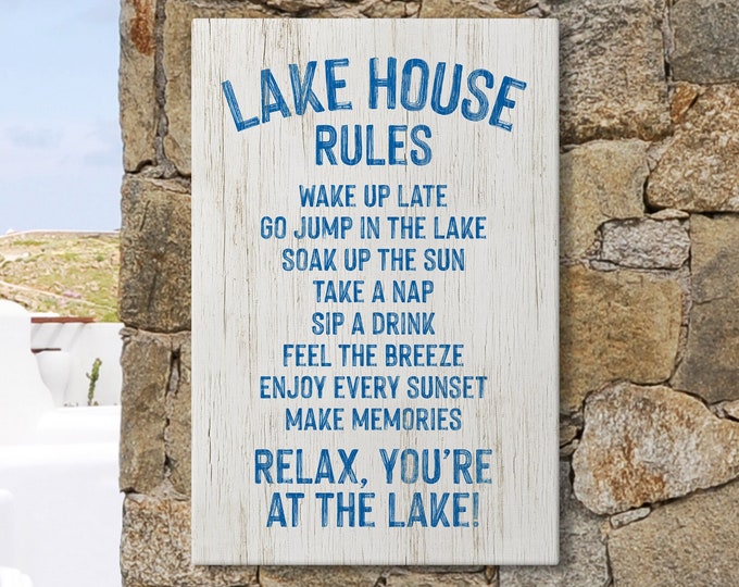 Vintage LAKE HOUSE RULES Sign, Painted Words on White, Vacation Rental Decor, Ocean Blue on White, Gift for Lake Lover, Fun Lake House Print