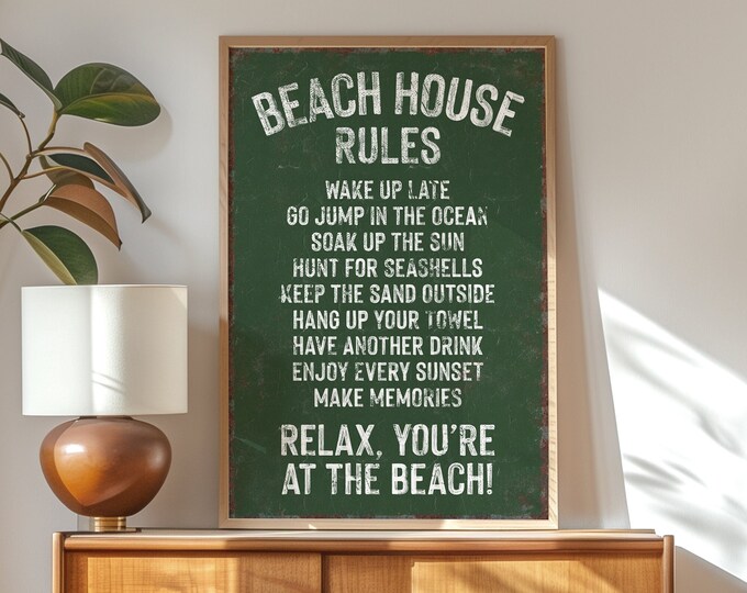 Vintage Beach House Wall Decor - Distressed Texture Beach Rules Sign - Multiple Sizes  Materials - Perfect Gift