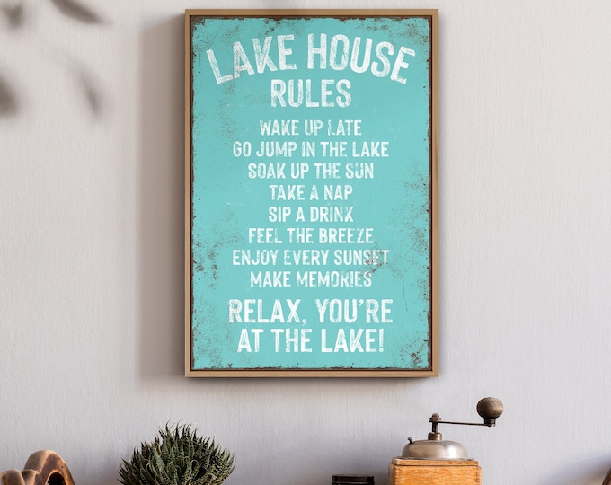 Aqua LAKE HOUSE RULES Sign, Lake House Canvas Print, Vacation Rental Decor, Lake Rules Poster, Bright Blue Lake Decor, Lake Gift for Her