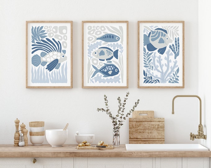 Light Blue Gray Marine Triptych, Set of 3 Coastal Canvas Prints for Modern Beach Decor, Ocean Scene Wall Art, Fish, Coral and Seaweed • 341