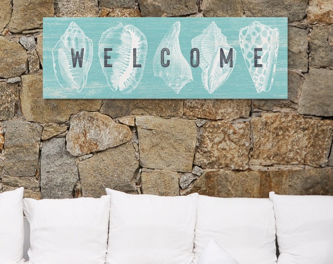 Aqua Blue Welcome Canvas Sign with Vintage Seashells Design, Realistic Driftwood Texture on Lightweight Canvas or Aluminum for Outdoors