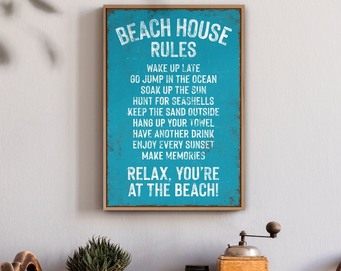 Vintage Beach House Rules Sign, Duck Blue Canvas Print for Vacation Rental Decor, Distressed Beach Gift for Her, Rules of the Beach Sign