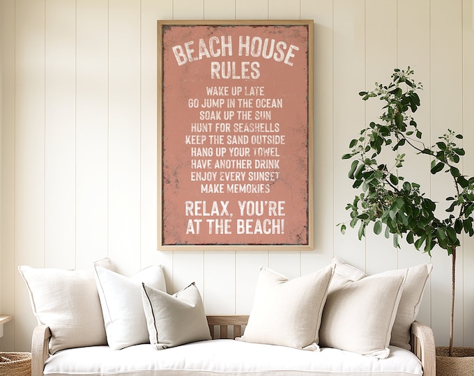 vintage BEACH HOUSE RULES sign, coral pink sign art print, retro beach house decor, distressed beach house gift, summer rental decor