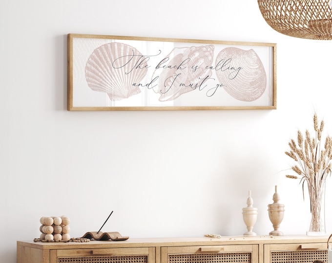 Elegant Blush Pink Coastal Wall Art, The Beach Is Calling, and I Must Go Sign, Delicate Pink Shells, Large Beachy White Canvas Print {110}