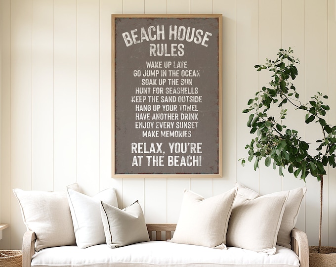 Vintage Beach House Rules Sign, Distressed Beach House Decor, Kindling Brown, Vacation Rental Wall Art