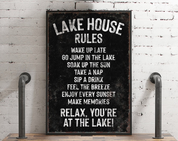 Vintage "LAKE HOUSE RULES" Sign, Black and White Sign Art Print, Coastal Lakehouse Decor, Distressed Lake House Gift, Vacation Rental Decor